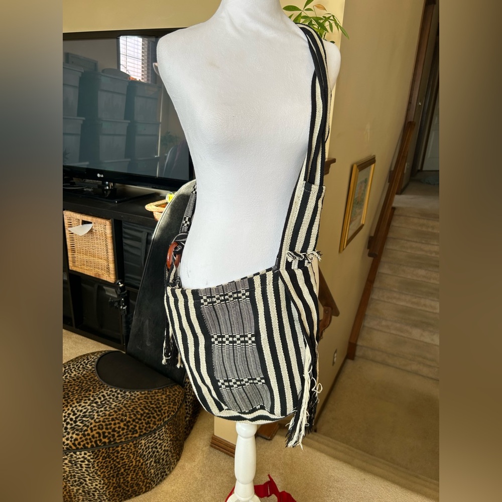Striped Black and White Crossbody Woven adjustable Shoulder Bag